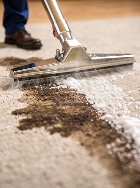 Hot-water extraction wand pulling embedded dirt out of carpet